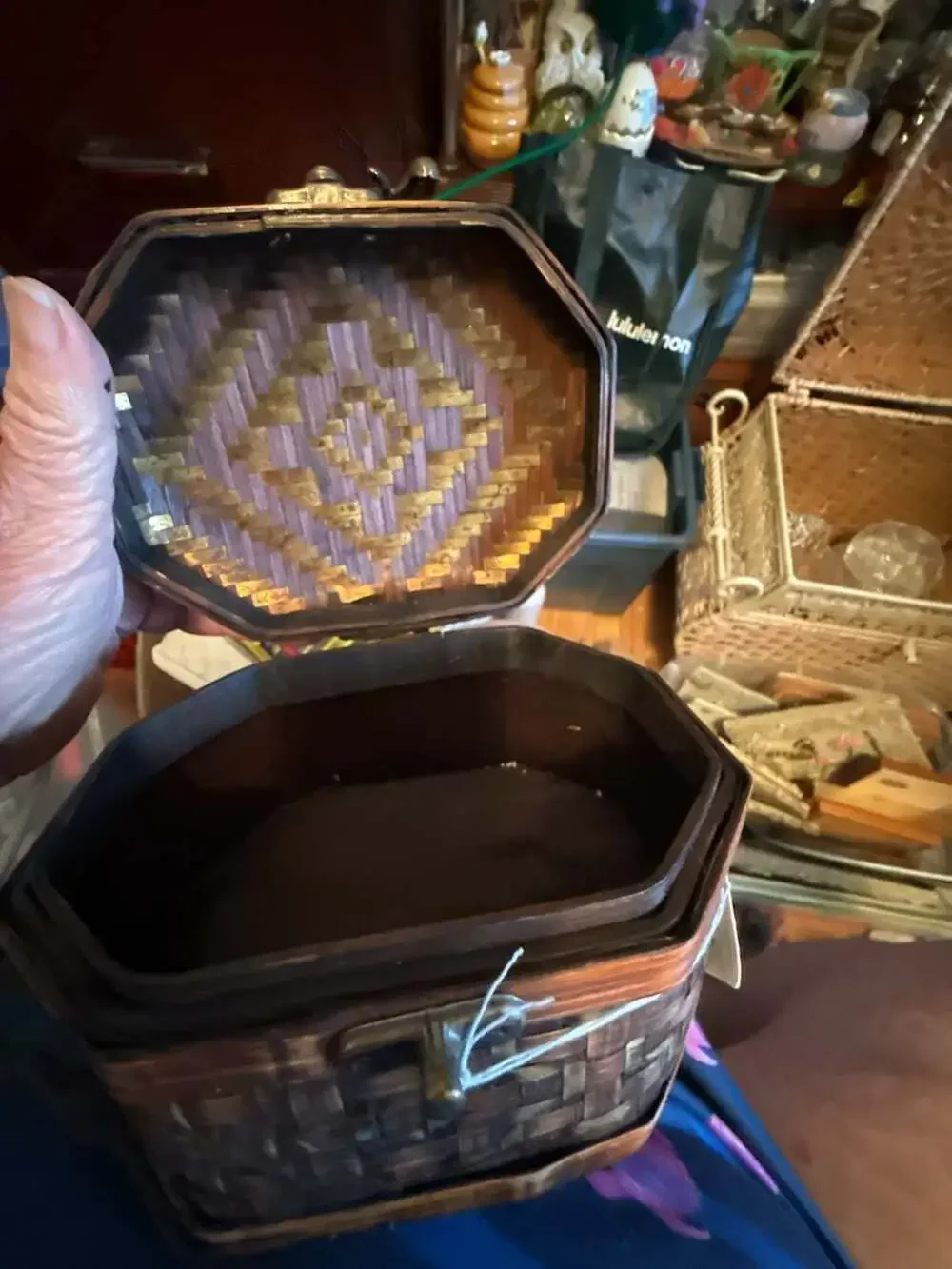 Woven Storage Container / Basket around Wooden box; Hard to find one like this!